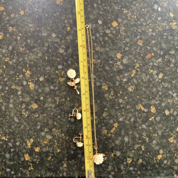 12k Gold Filled Celluloid Flowers Necklace Earring Set; and Golden Tone brooch. - Picture 10 of 10